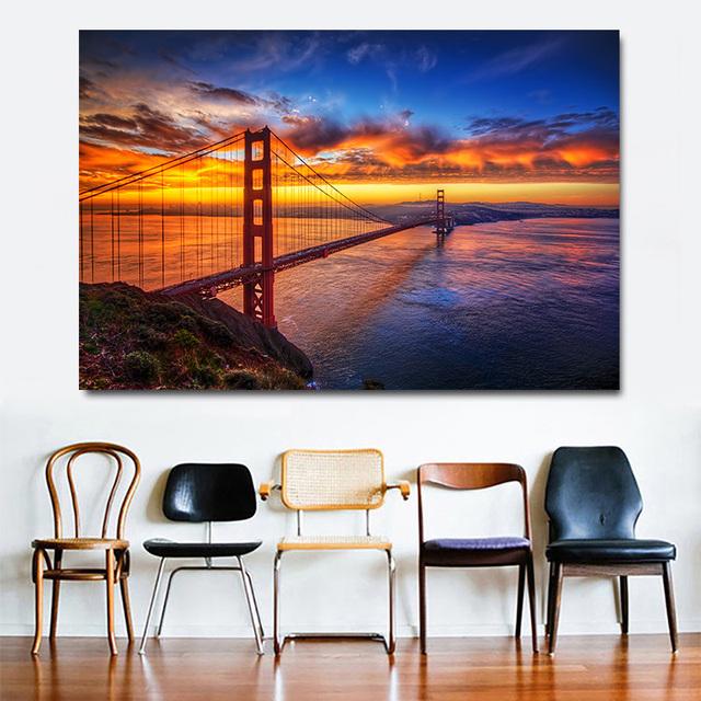 Пейзаж на холсте, картина Сан-Франциско, мост Золотые Ворота, закат, постеры и принты, настенная картина, домашний декор для комнаты, без рамки