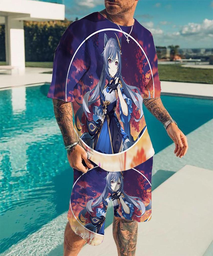 European and American cross-border new animation 3D digital original god printing men's T-shirt shorts set wholesale, short-sleeved set