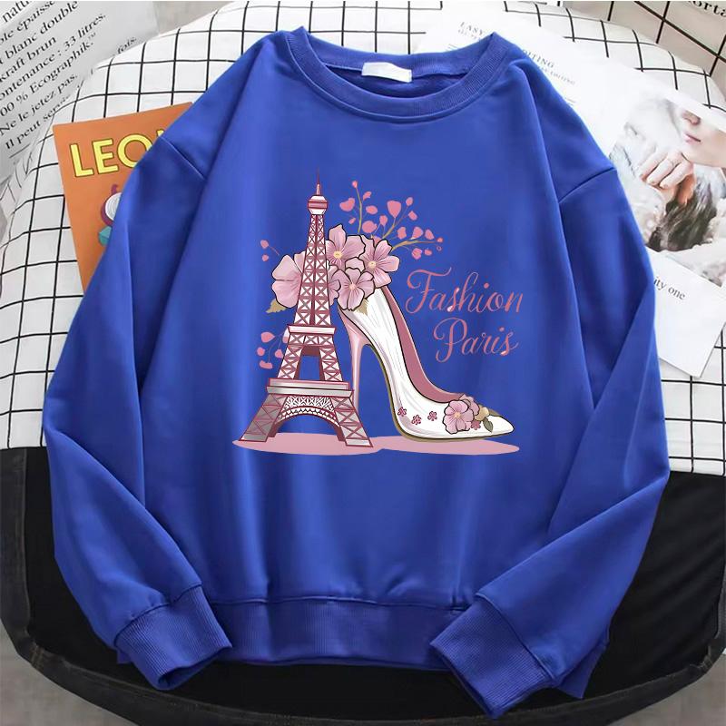 Fashion Paris Print Y2k Womens Hoodies 90s Long Sleeve Warm Fleece Sweatshirt Soft O-Neck Pullover Casual Female Clothes