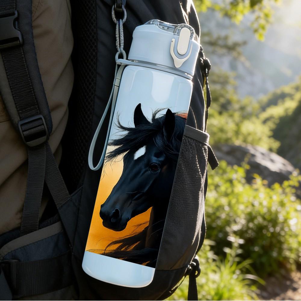 1PC Black Horse Mane Dynamic Portrait Print 750ml Color Plastic Sports Water Bottle Leakproof Flip Straw Lid Suitable for Sports Office Home Use