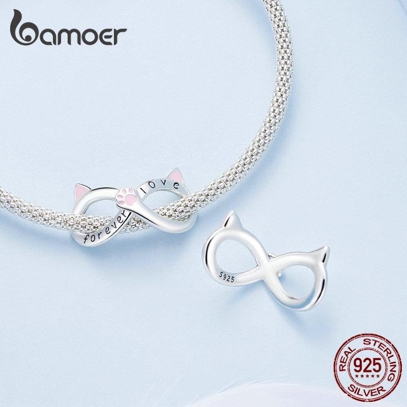 BAMOER из стерлингового серебра 925 пробы, милый розовый кот и бесконечный символ, бусина для женщин, браслет и браслет, ювелирные изделия своими руками
