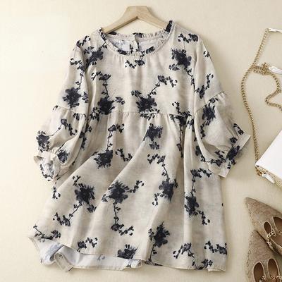 Летние свободные тонкие топы большого размера с принтом в стиле ретро, женские хлопковые и льняные топы с рюшами и рукавами-фонариками, милая блузка