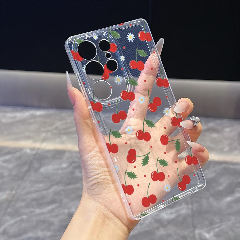 Чехол с бесшовным узором «Вишня и Ромашка» для Samsung Galaxy S26 S25 S24 S23 S22 S21 S20 FE Plus, Мягкий ТПУ, Тонкий, Ударопрочный Чехол