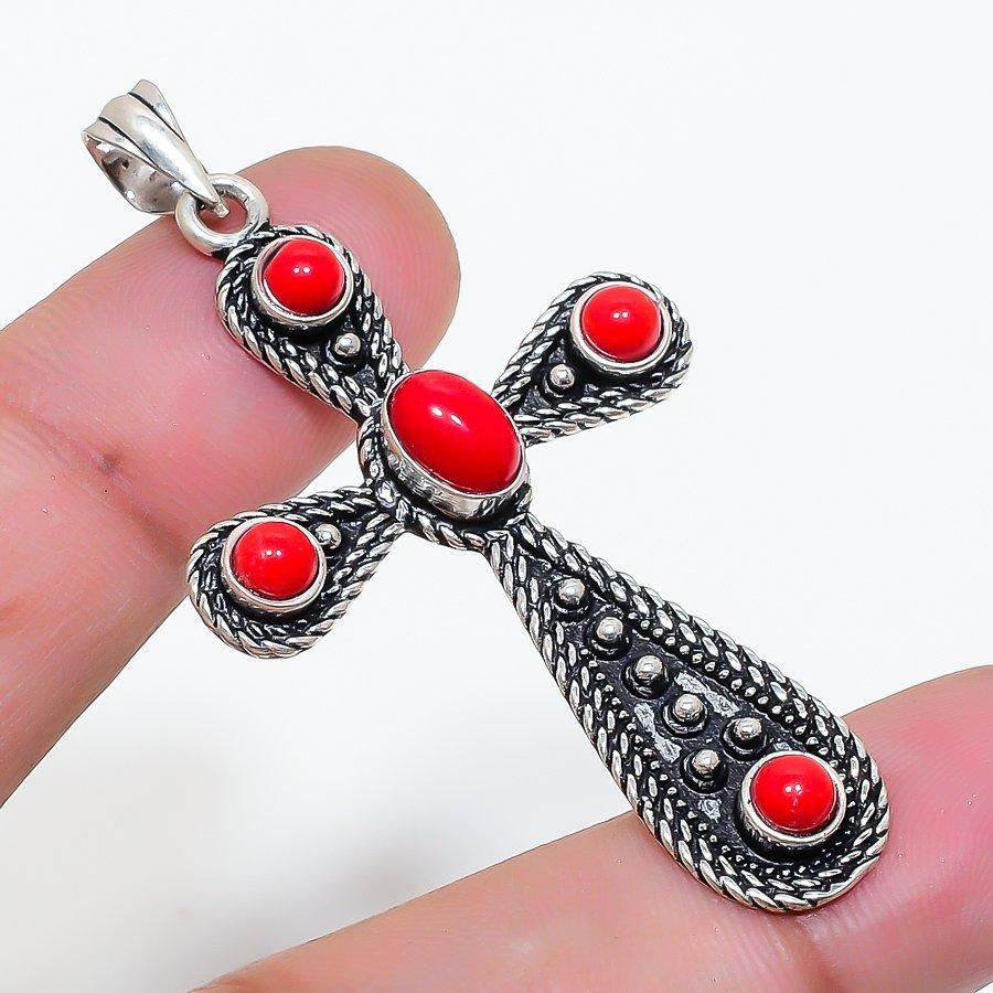 Натуральный Красный Коралл Драгоценный Камень 925 Пробы Серебро Ювелирное Изделие Кулон 2,17" AP-16010
