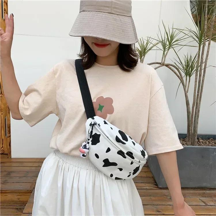 Woman Chest Bag Korea INS Cow Canvas Small Waist Pack Japanese Harajuku Style Wild Girl Cute Student Chest Bag Female Pockets
