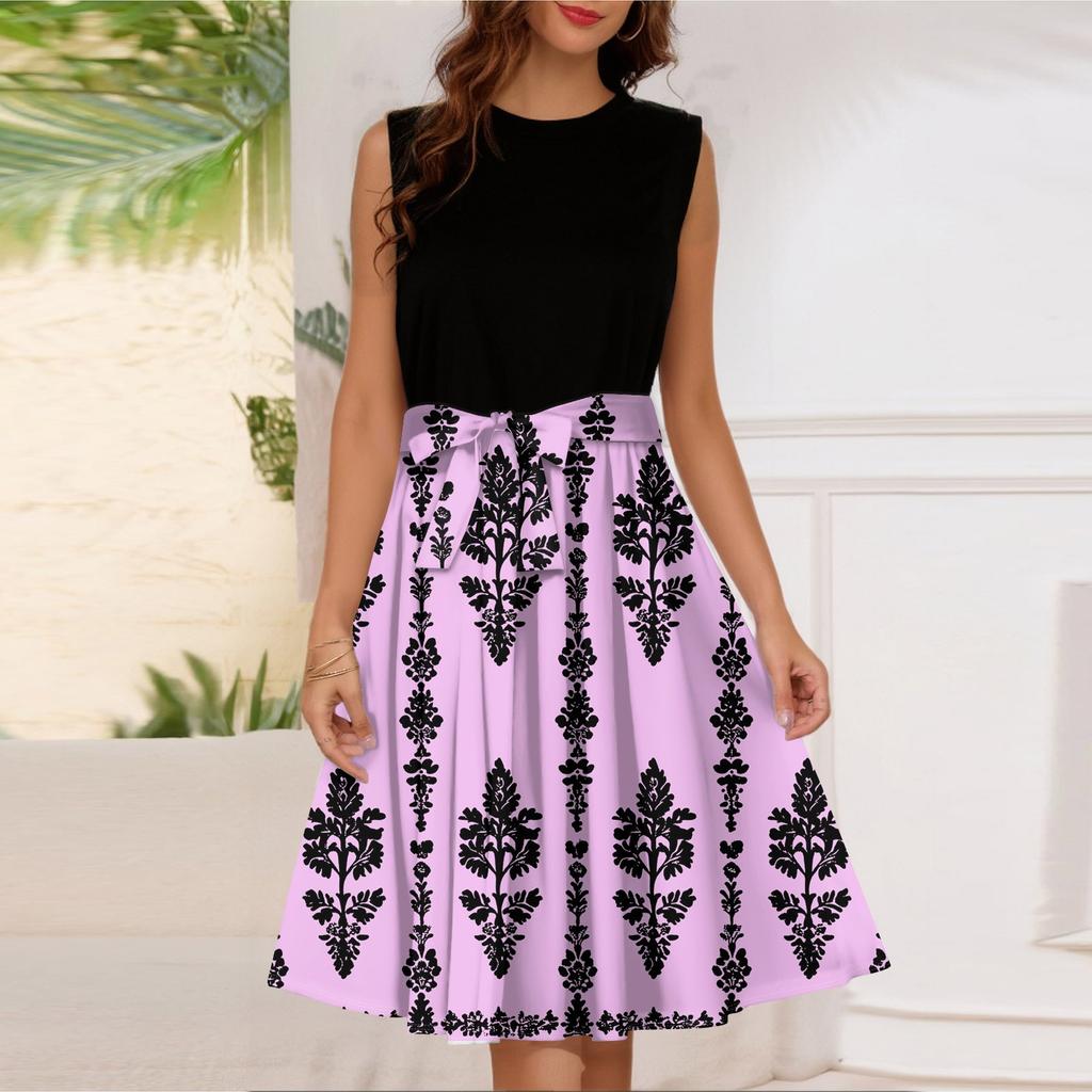 Женское модное повседневное короткое платье без рукавов со шнуровкой и круглым вырезом