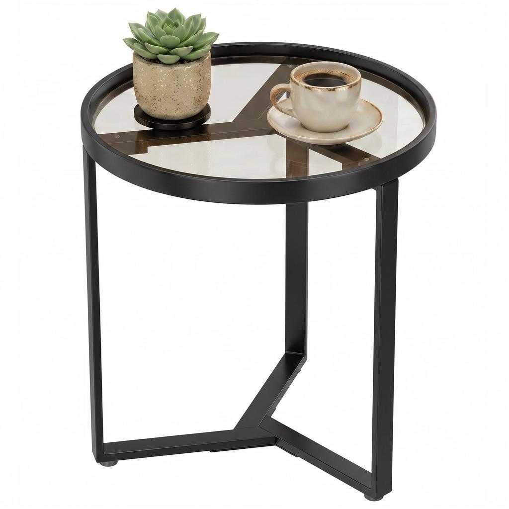 Round Side Table with Tempered Glass Top and Geometric Metal Frame for Small Space, Black
