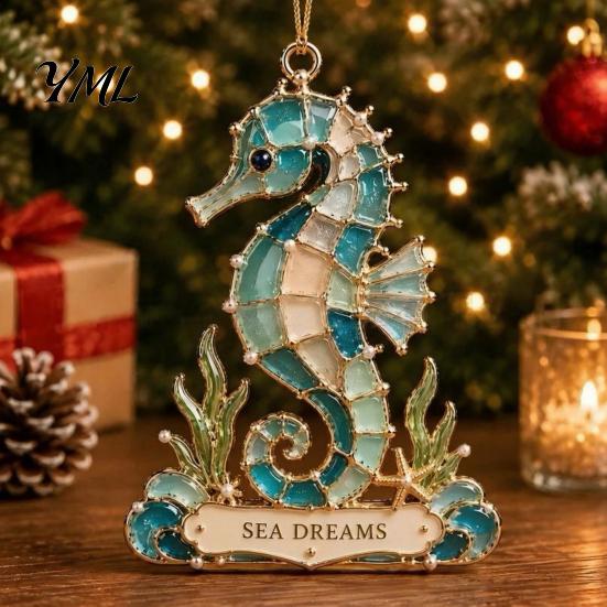 Sea Glass Ornaments for Christmas Handmade Coastal Ornaments, Turtle Seahorse Starfish Modern Home Holiday Decor Sailboat Beach Hanging Decoration