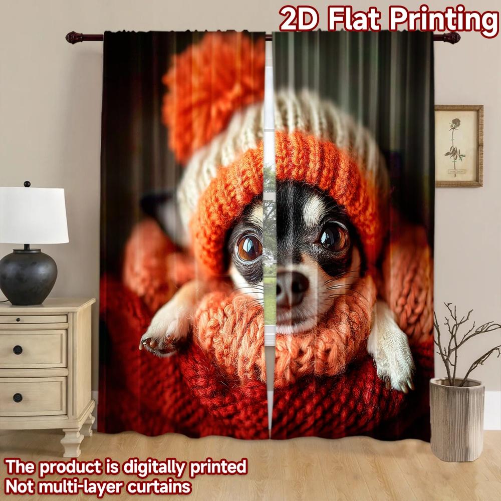 2D flat printing 2pcs Window Curtains Chihuahua Dogs Winter Warm Digital Printed Polyester Drapes Family Party Decoration Use