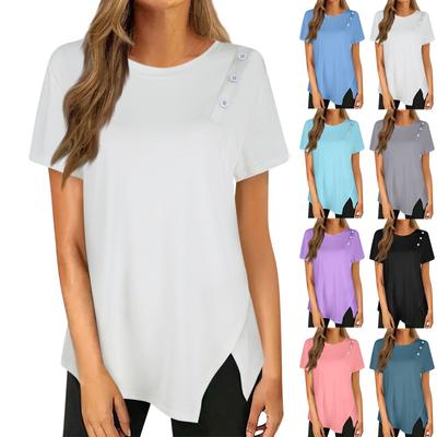 Футболка с пышным подолом на пуговицах, повседневный топ с круглым вырезом с короткими рукавами, женская одежда