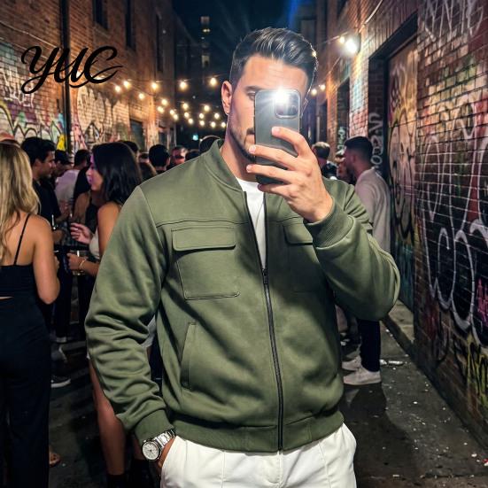 Long Sleeve Fall Clothing Men Casual Baseball Coat, Lightweight Multi-Pocket Windbreaker, Solid Color Outerwear Outdoor Windbreaker with Stand Collar,