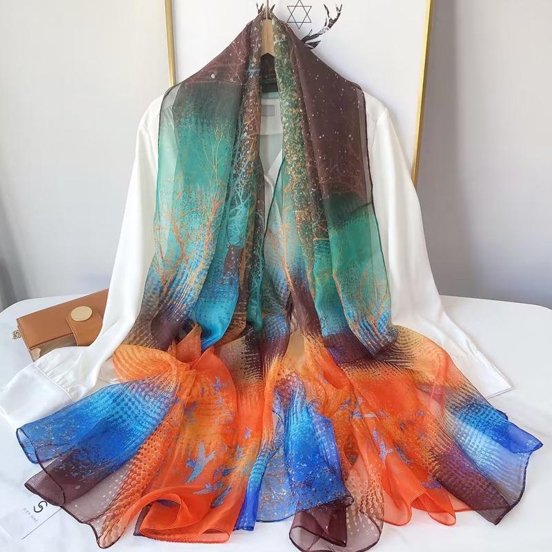 Women's Long Printed Silk Scarf - Ultra-Thin, All-Season, Middle-Aged Mother Style