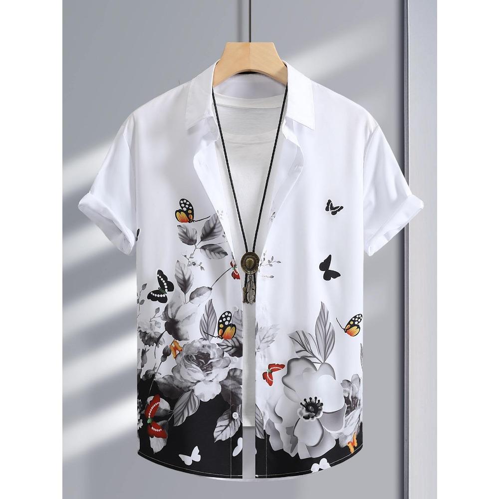 Tropical Coconut Tree Pattern Men's Short Sleeve Button Down Lapel Shirt For Summer Resort Holiday Hawaiian Style Oversized Tops