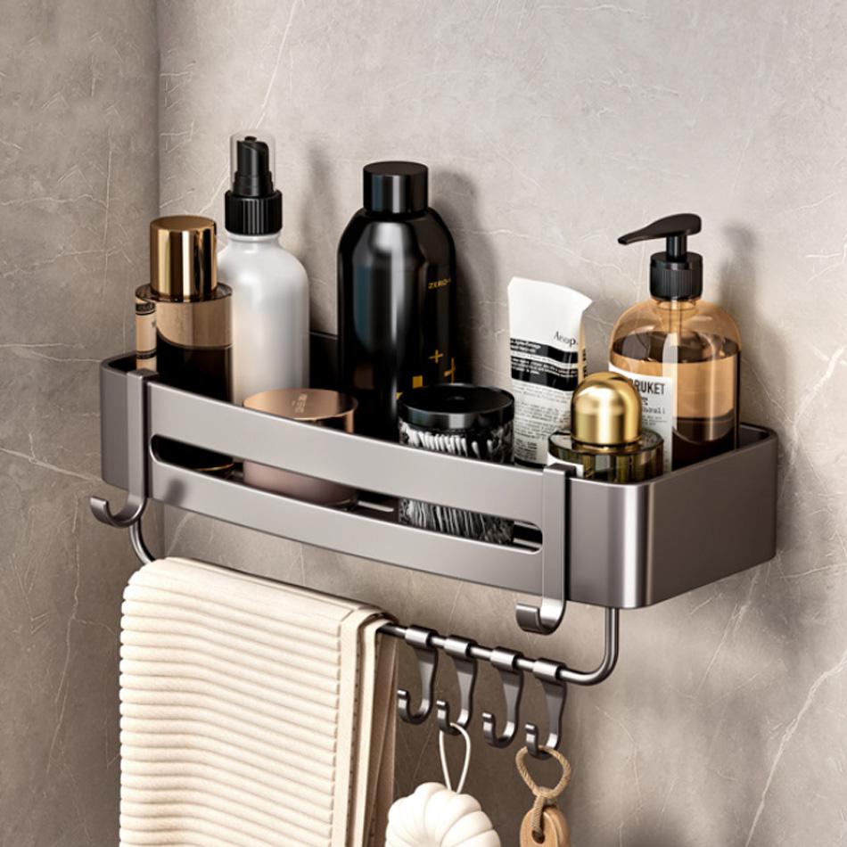 Прямоугольная полка для ванной комнаты, алюминиевая, серая, для туалета, кухни, для ванной, для хранения шампуня, мыла, треугольная полка с крючками, бесплатный гвоздь