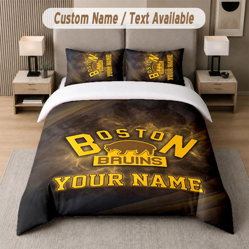 Custom Bedding Set Boston Bruins Pattern, Print Name Text 1 Duvet Cover plus 2 Pillowcases Home Textile