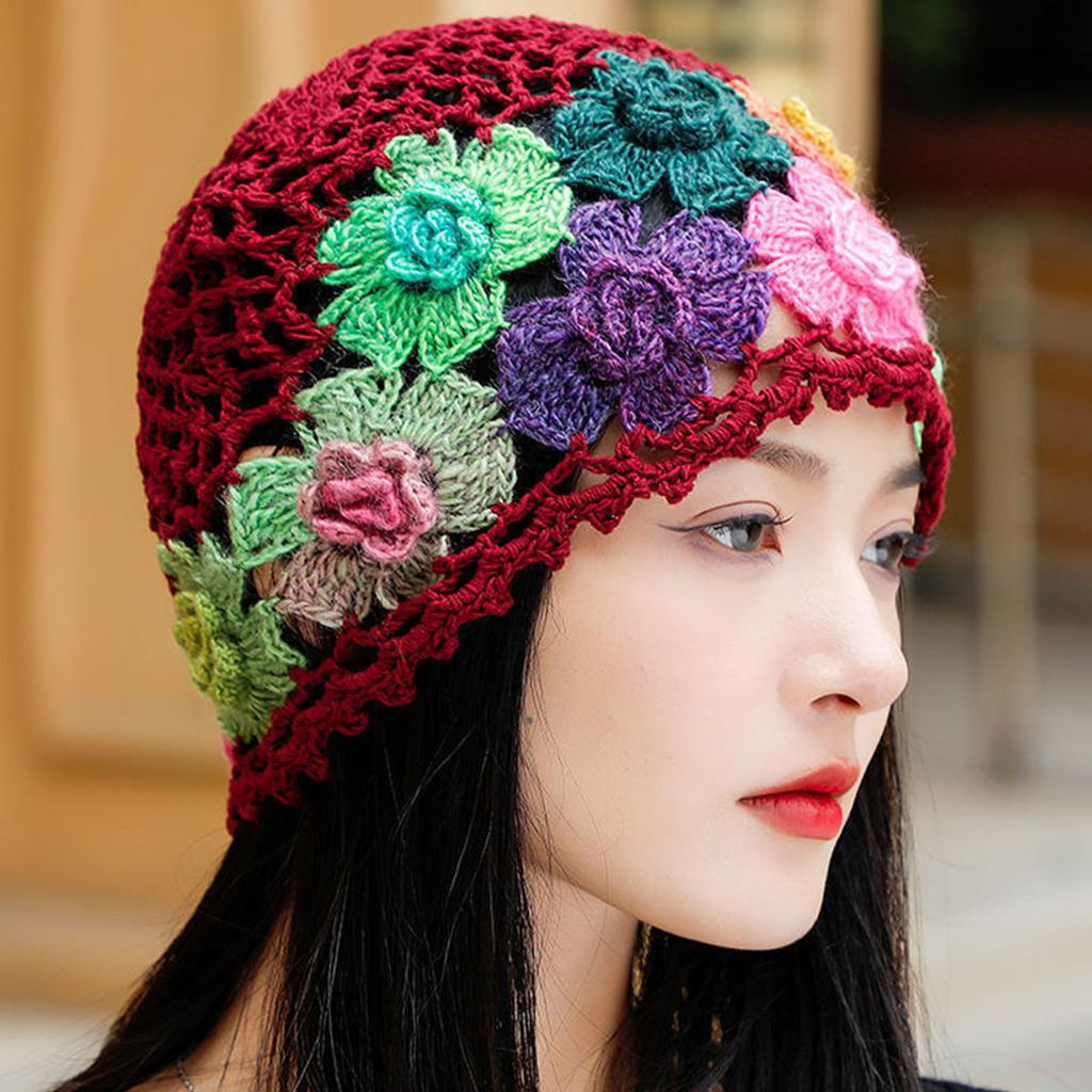 Cotton Crochet Beanie Hat With HollowOut Flower Design Summer Vacation Casual Skull Cap For Women Everyday Wear
