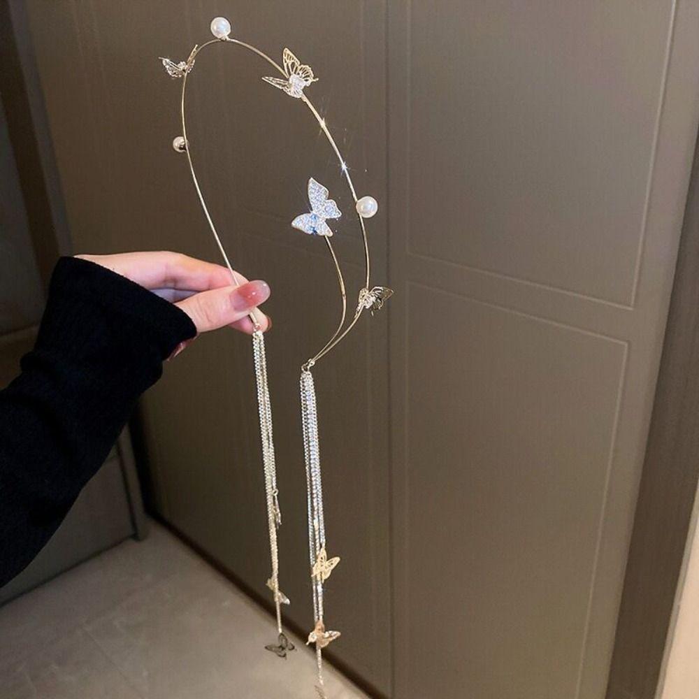 Rhinestone Tassel Pearl Hair Hoop Woman Tiara Butterfly Headband Headband Headdress