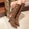 Winter Leopard Print Modern Boots Knee-high Square Heel Ladies Shoes 2025 High Quality Slip-on Pointed Toe Women's Boots