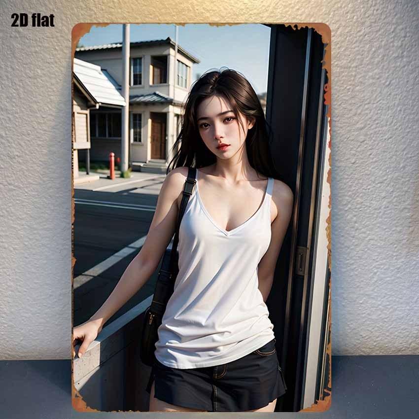 HD Metal Tin Sign Casual Street Style Girl in White Tank Top Black Shorts Art Print Vintage Urban Aesthetic Wall Decor Retr