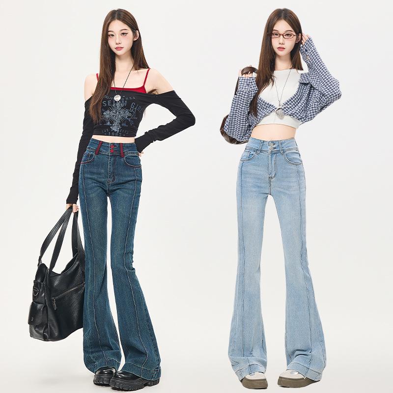 Ретро Джинсы-клеш в стиле Color Block - Женские Эластичные Брюки Slim Fit для Осени/Зимы
