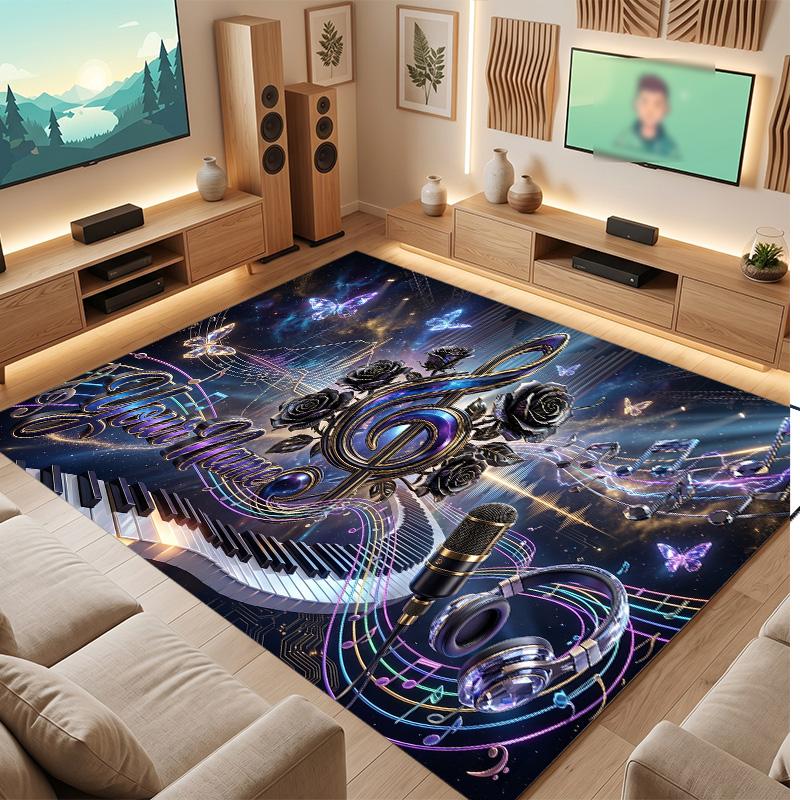 Music Theme Soft Crystal Velvet Rug Custom Name & Text Print Non Slip Floor Rug for Bedroom Living Room