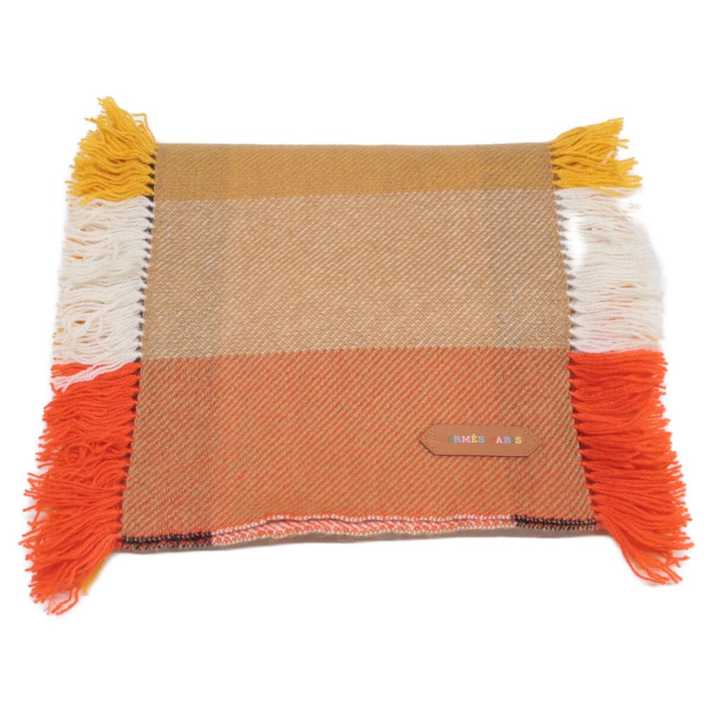 Hermes [Good Condition] Cashmere Fringe Scarf Jaune Soleil/Beige/EcruUsed