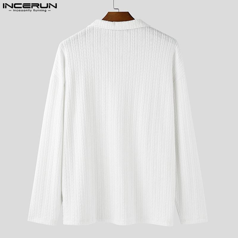 INCERUN Autumn Men Lapel Neck Long Sleeve Texture Pullover Tops