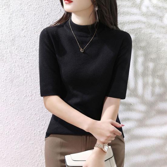 Women Sweater Half High Collar Half Sleeve Knitting Tops Solid Color Slim Fit Sweater Tops Commuting Street Wear