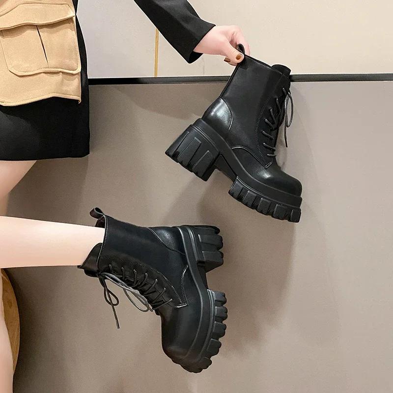 Fashion Lace Up Women High Platform Ankle Boots 2024 Winter Thick Sole Motorcycle Boots 9.5CM Heels Chunky Leather Sneakers Woman Shoes