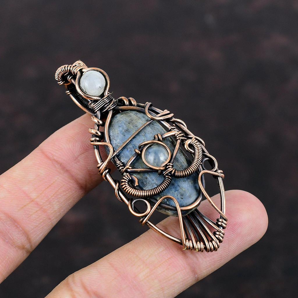 Подвеска с кианитом от сглаза, медная проволока, кулон, ювелирные изделия из драгоценных камней, подвеска из радужного лунного камня, медные украшения, кулон ручной работы, подарок для него