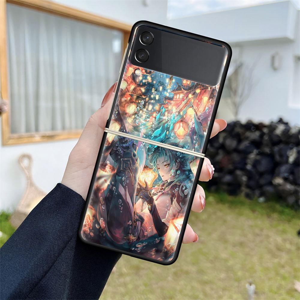 Роскошный чехол для Samsung Galaxy Z Flip 4 3 5G, черный ПК, жесткие чехлы для телефонов, модная задняя крышка ZFlip Funda Game Genshin Impact Shell
