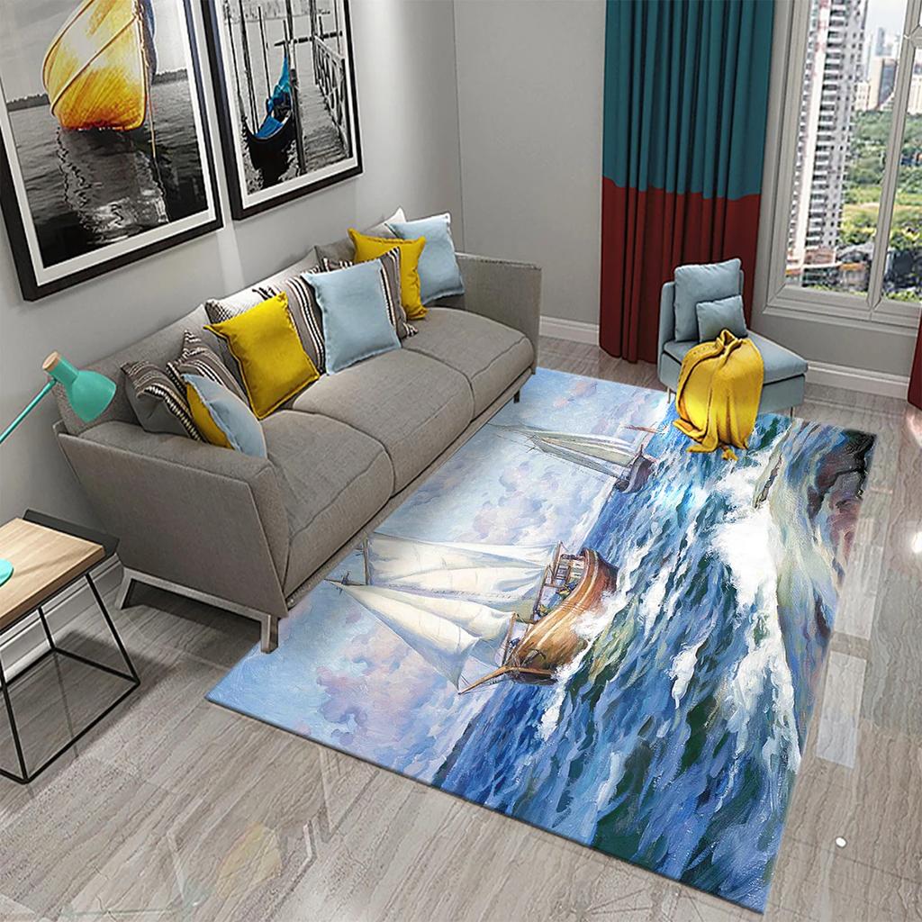 3D Oil Painting Sailboat Carpet Abstract Art Rugs for Living Room Bedroom Decor Mats Bathroom Kitchen Entrance Non-Slip Carpet