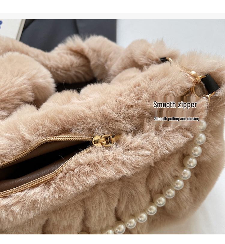 Korean Style Plush Shoulder Bag with Pearl Accents - Cute Autumn/Winter Crossbody