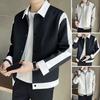 Men Jacket Lapel Long Sleeve Patchwork Color Jacket Coat with Pockets Button Closure Spring
