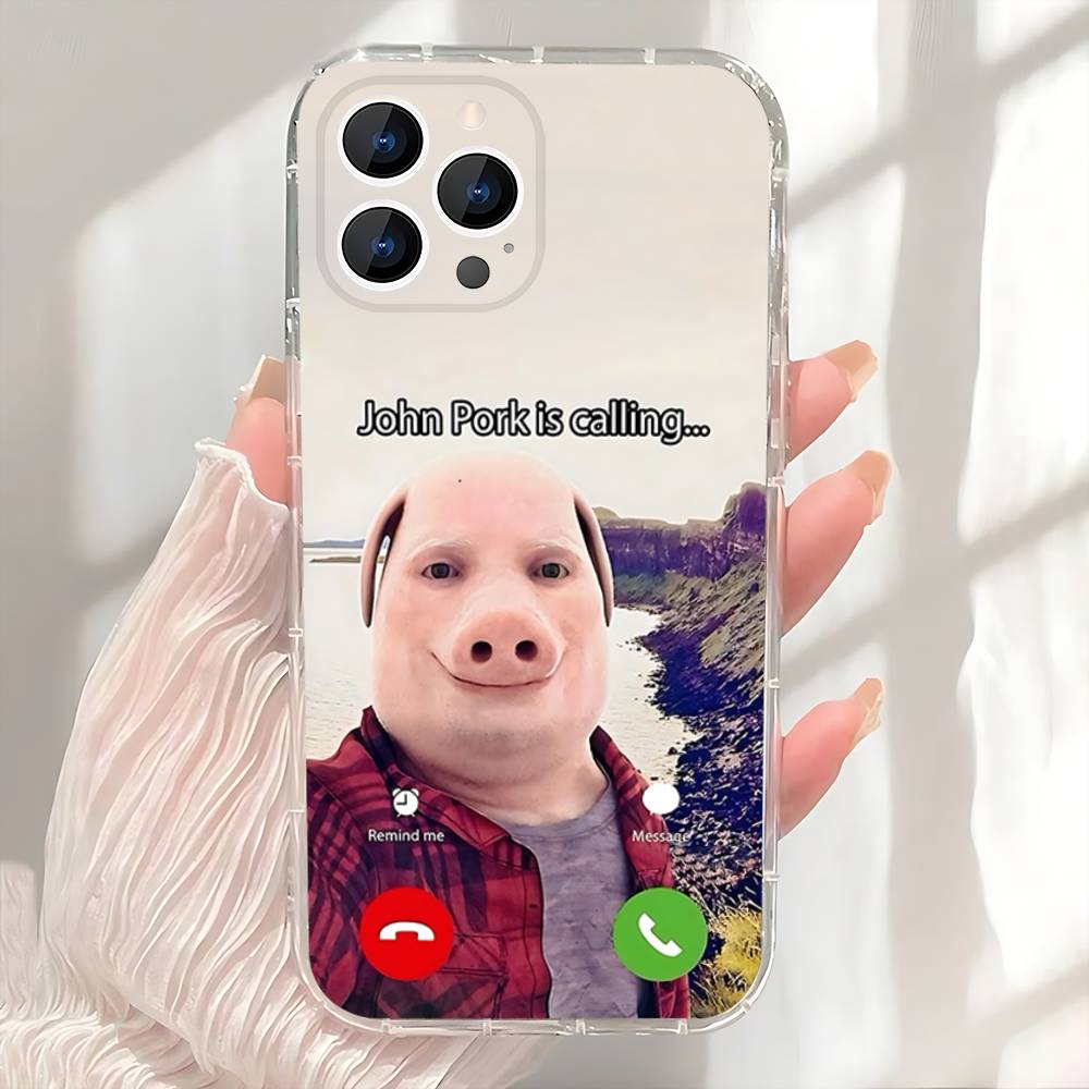 Чехол John Pork is Calling Answer Call для iPhone 17,16,15,14,13,12,11 Pro,Max,Plus,X,XS,XR,SE4,E Mini Прозрачный Мягкий Чехол