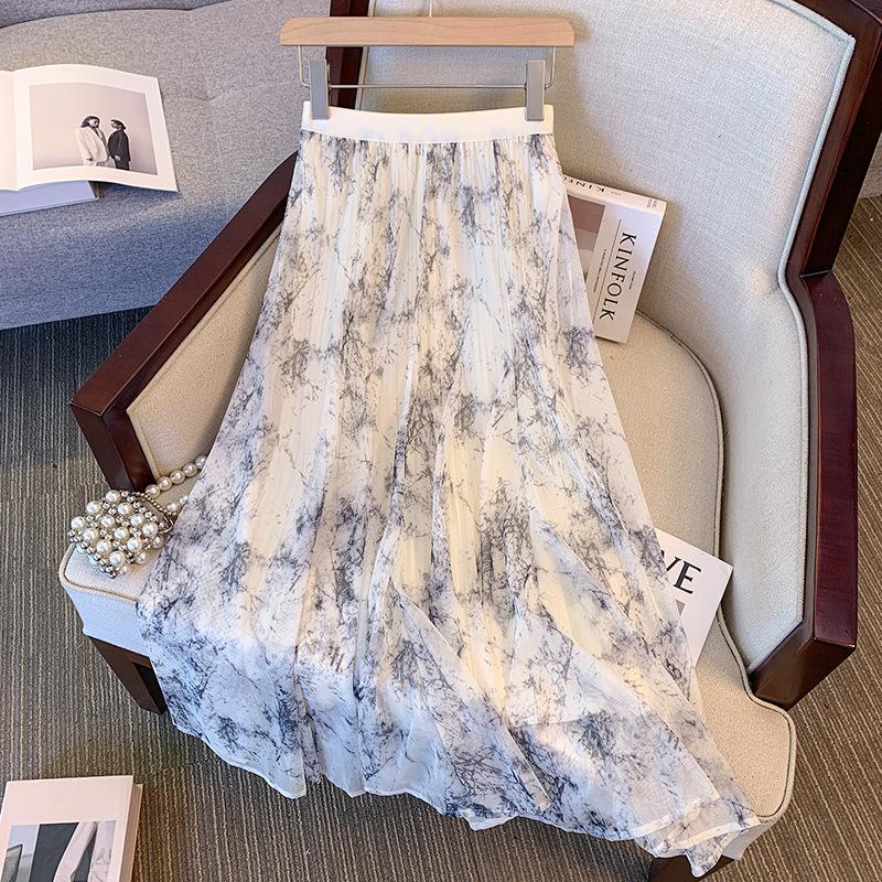 Qooth Spring Summer Chinese Ink Wash Print A Line Skirt Chiffon Printed Vintage Ankle Length Skirt QT2603