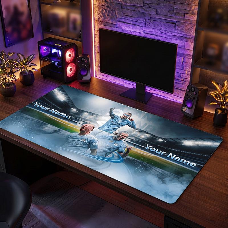 Erling Haaland Custom Large Mouse Pad, Personalized Name Text Print, Football Logo Non‑Slip Desk Mat Gaming Gift