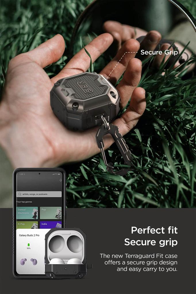 Черный защитный чехол VRS Terra Guard Fit для Galaxy Buds 2, Buds Live и Buds Pro, с карабином, ударопрочный, устойчивый к царапинам, с амортизацией и