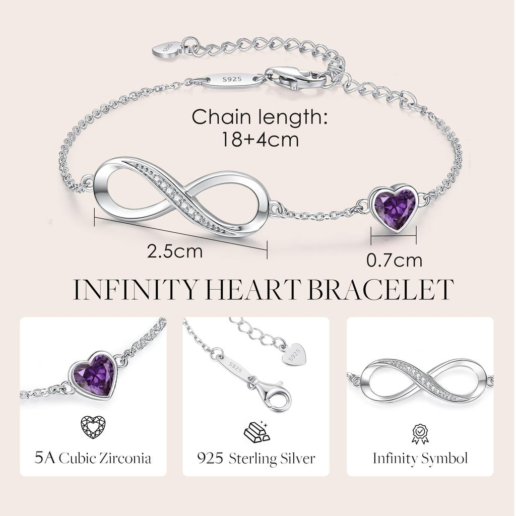 Adjustable Length Women's Silver Bracelet with Natural Amethyst Pendant Sterling Silver Violet Jewelry Gift