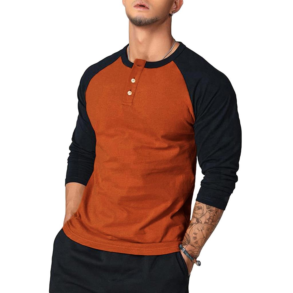 Men's Casual Button-neck Two-tone Shoulder Long Sleeve Top