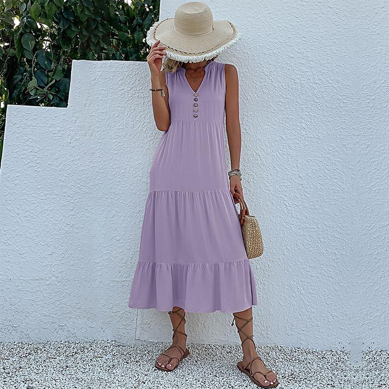 Sleeveless V Neck Casual Summer Women Dress Fashion Loose Elegant Office Ladies Dresses Layered Ruffled Solid A-line Female Dress 922