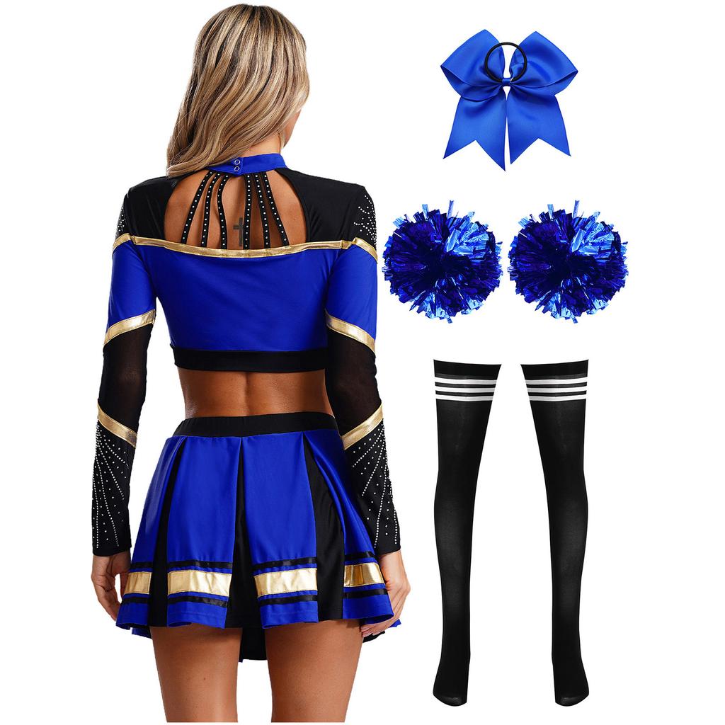 Women Cheerleading Performance Dance Outfit Long Sleeve Mock Neck Rhinestones Crop Top Pleated Skirt Hair Tie Set