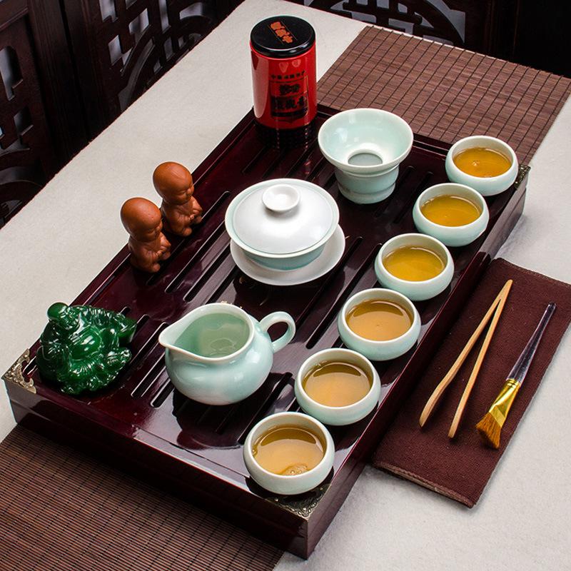 Китайский чайный сервиз, прозрачный термостойкий стеклянный чайный сервиз из массива дерева с подносом для чая кунг-фу.
