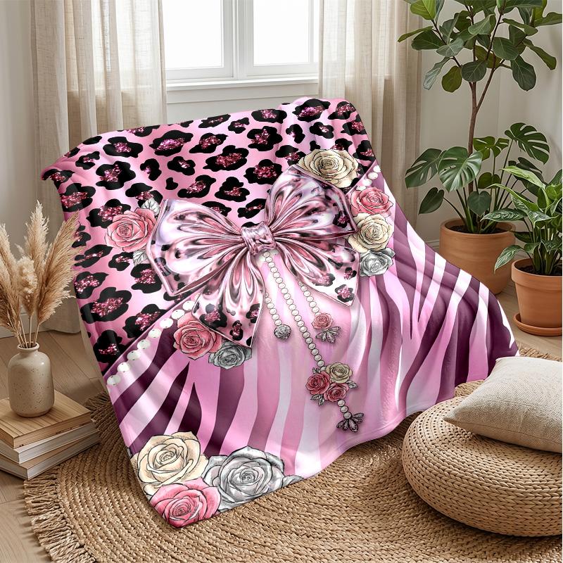 Pink Leopard Roses Bow Theme blanket Lightweight Warm Flannel Blanket Decorative Throw Blanket for Home Decoration