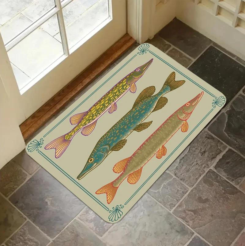 Light Green Grid Two Golden Arowana Fish Doormat Non Slip Durable Oriental Lucky Animal Front Door Indoor Rug