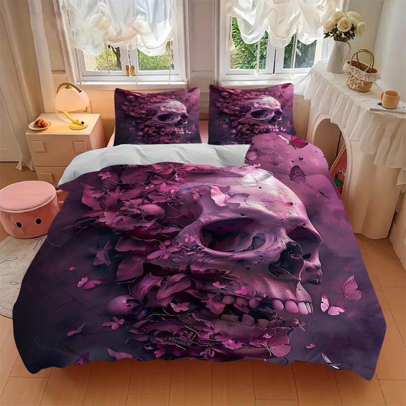 3pcs Dreamlike Fusion of Skulls Butterflies and Petals Printed Duvet Cover Set (1 * Cover+2 * Pillowcase, Without Core), Suitable for Home Bedroo