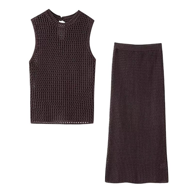 Knit Hollow Out Vest Skirts Set Women Sleeveless O-neck Blouses High Waist Slim Skirt Suits Female Fashion Lady Suit
