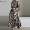 Women Casual Turn Down Collar Summer Leopard Printed Sleeveless Dress