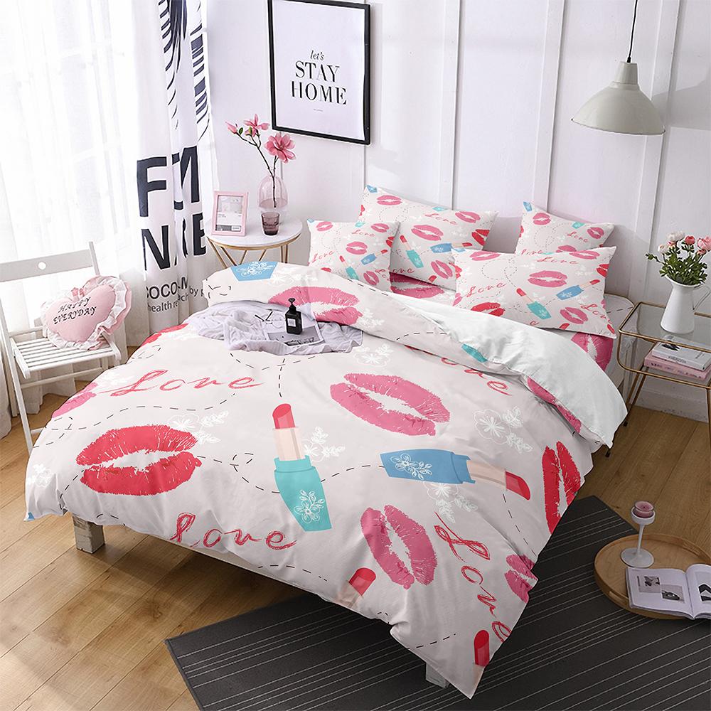 Love Heart Duvet Cover Set King Size Valentines Bedding Set Pink Love Heart Pattern Soft Microfiber fabric For Girls Women Quilt