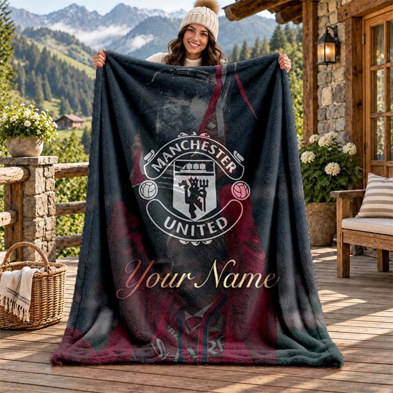 FC Manchester Custom Name Flannel Blanket Personalized Soft Warm Plush Throw Blanket Customized Gift for Family Friends